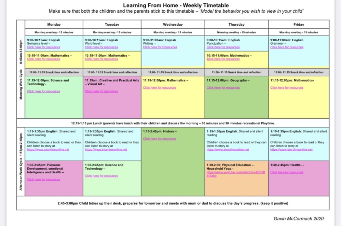 Interactive learning from home timetable for parents - Gavin McCormack